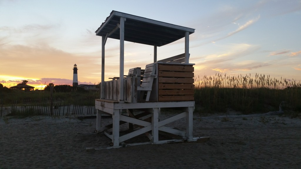 Tybee Island beach lifeguard stand at sunset